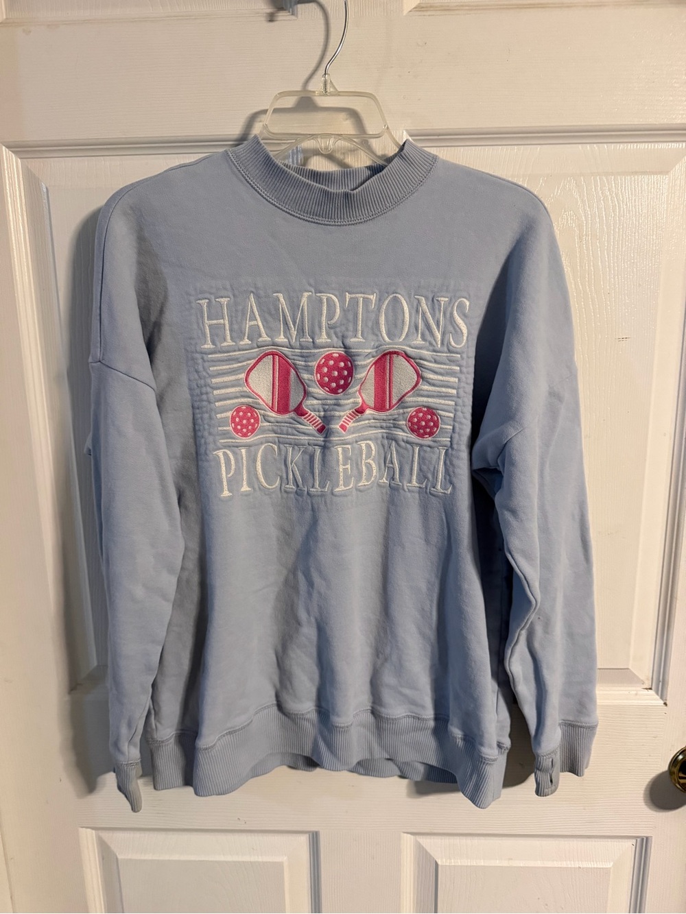 abercrombie kids Light Blue Crewneck with Pink Pickleball Embroidery